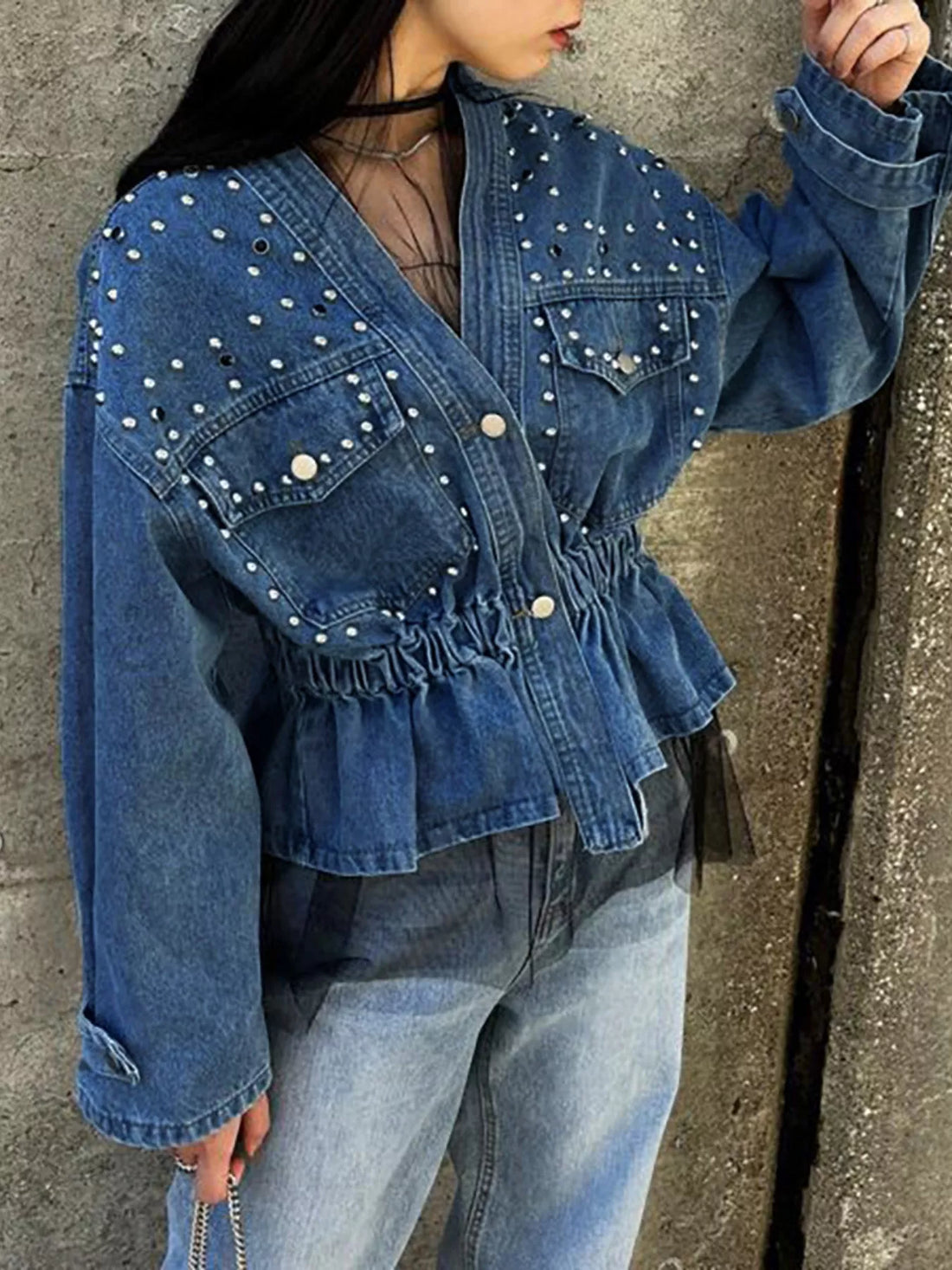 Studded Button Up Denim Jacket - cas7m