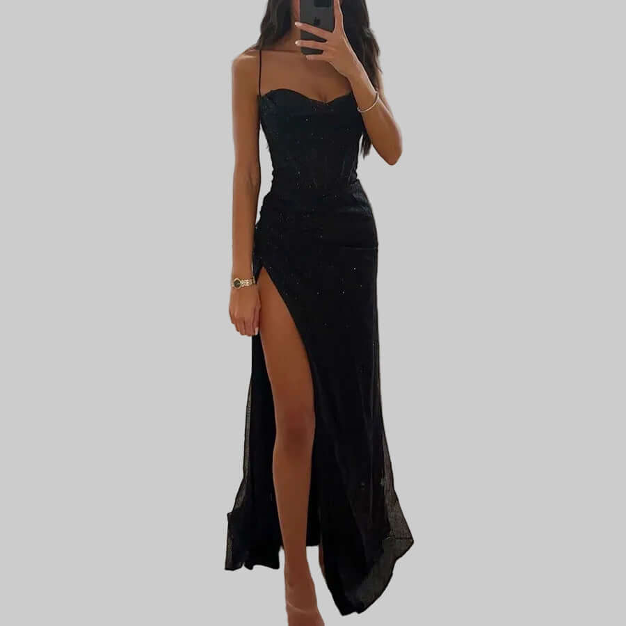 Sexy Split Suspender Dress Fashion Evening Party Slim V-neck Long Dresses Summer Clothing For Women - cas7m