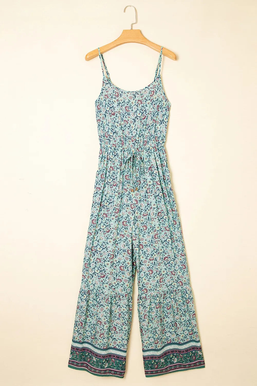 Bohemian Floral Ruffle Bottom Spaghetti Strap Jumpsuit - cas7m