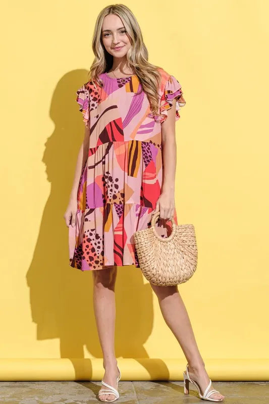And The Why Printed Double Ruffles Sleeve Dress - cas7m