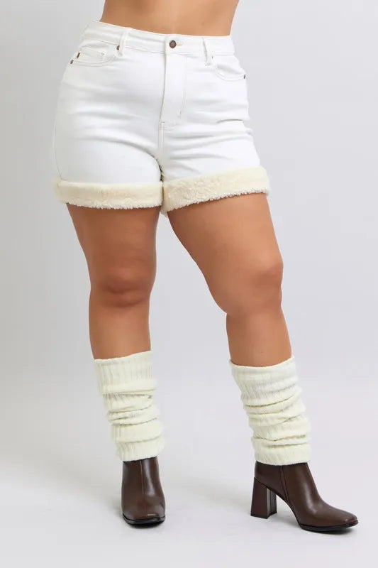 Judy Blue Full Size High Waist Shearling Cuff Denim Shorts Plus Size - cas7m
