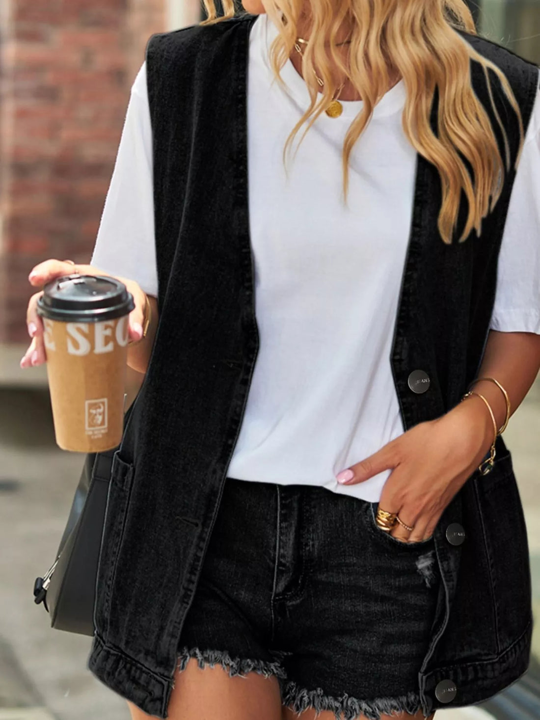Sleeveless Button-Down Denim Jacket Vest - cas7m
