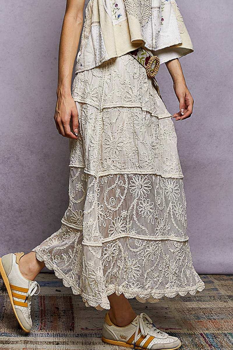 POL Floral Embroidered Tiered Crochet Skirt - cas7m