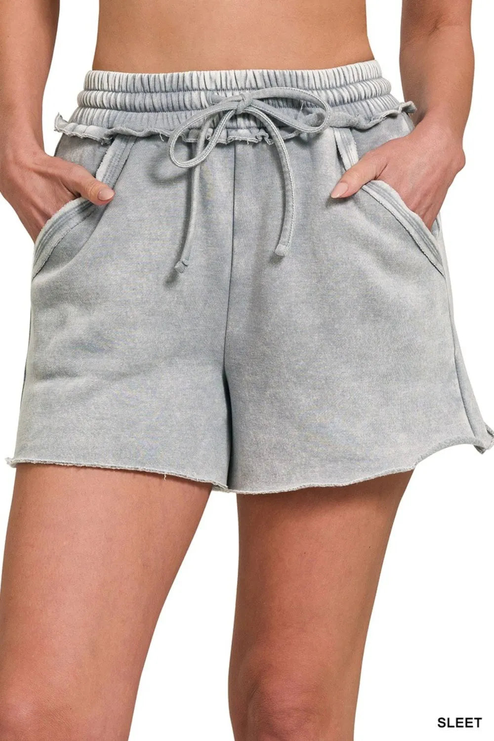 Zenana Acid Wash Fleece Drawstring Shorts With Pockets - cas7m