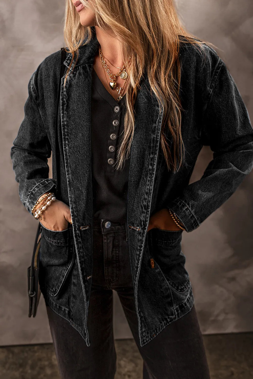 Pocketed Long Sleeve Denim Jacket - cas7m