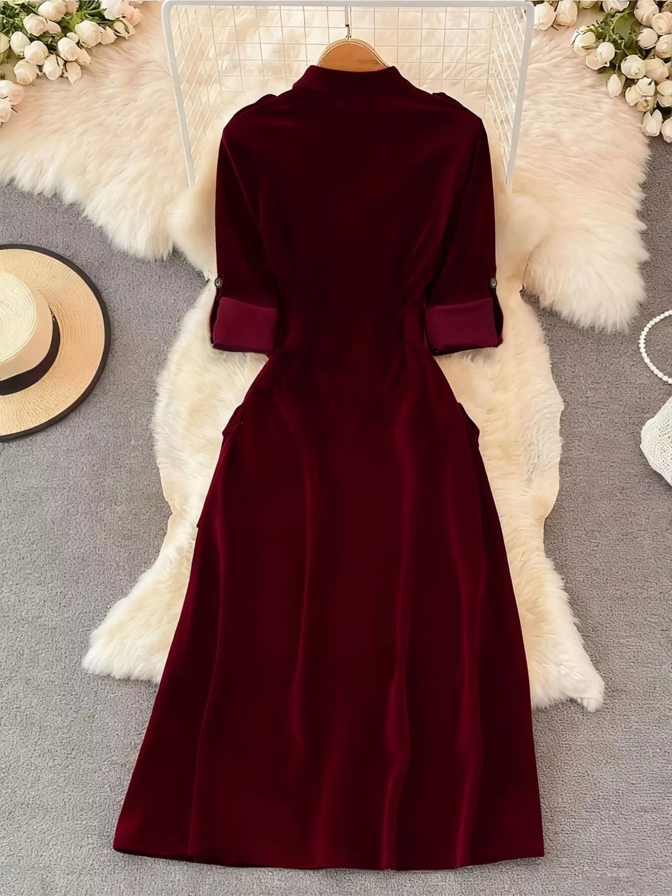 Velvet Button-Down Midi Dress - cas7m
