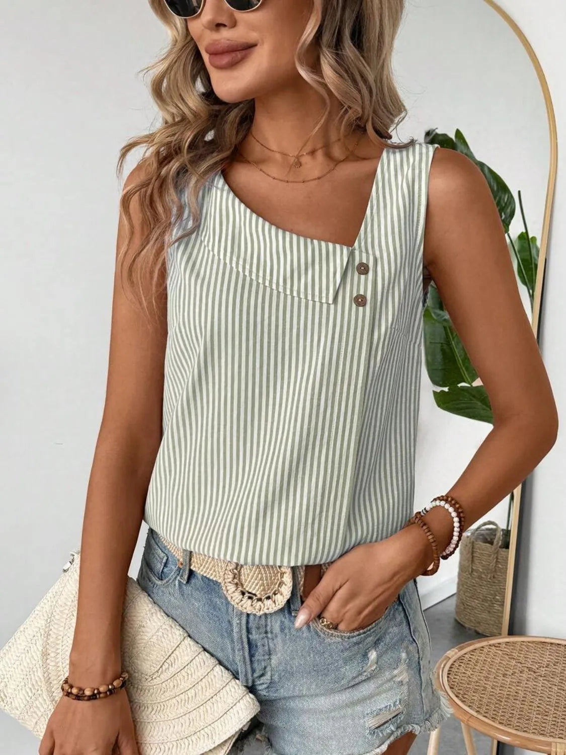 Decorative Button Asymmetrical Striped Tank - cas7m