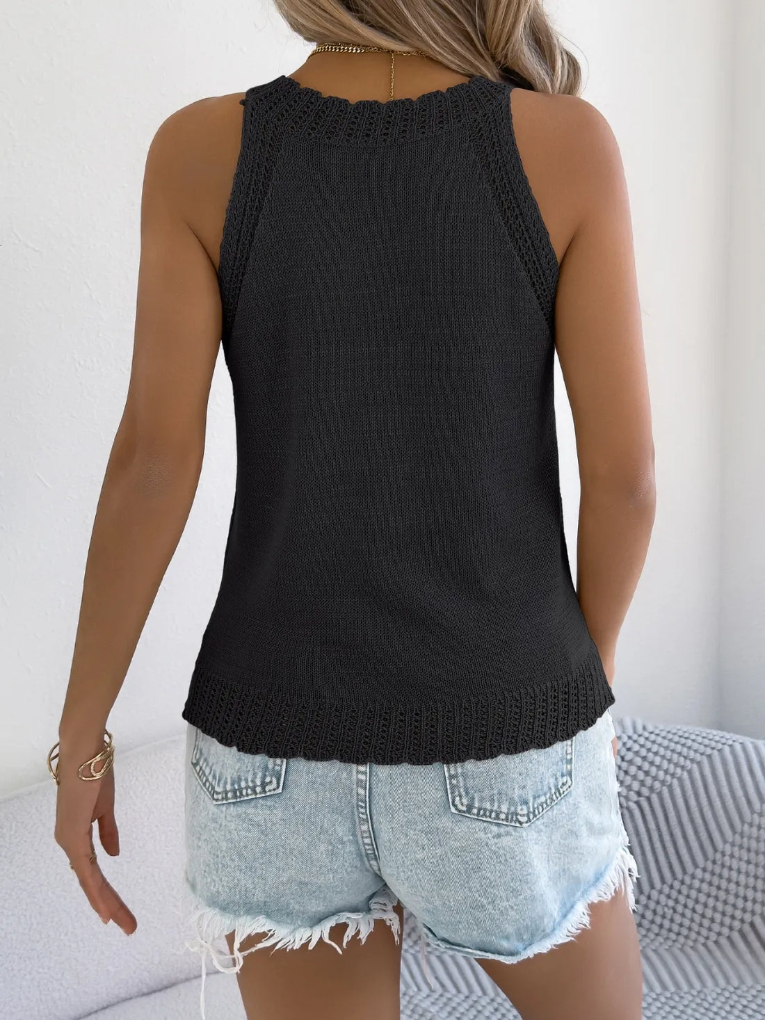 Openwork Sleeveless Knit Tank - cas7m
