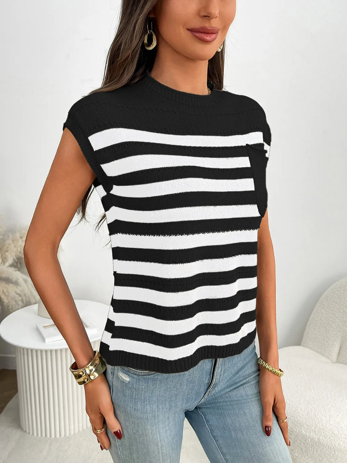 Striped Mock Neck Cap Sleeve Knit Top - cas7m