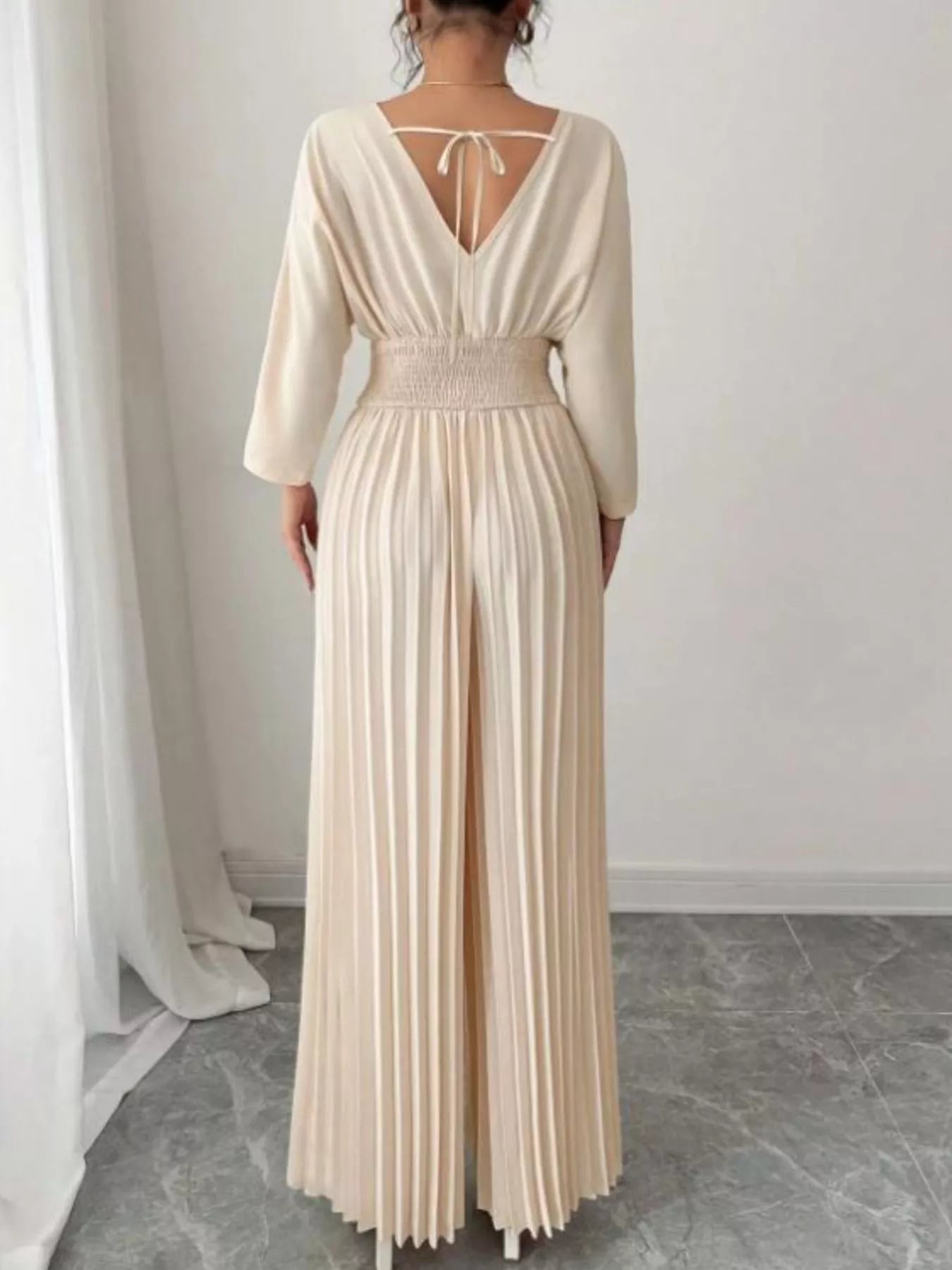 Surplice Pleated Wide Leg Jumpsuit - cas7m