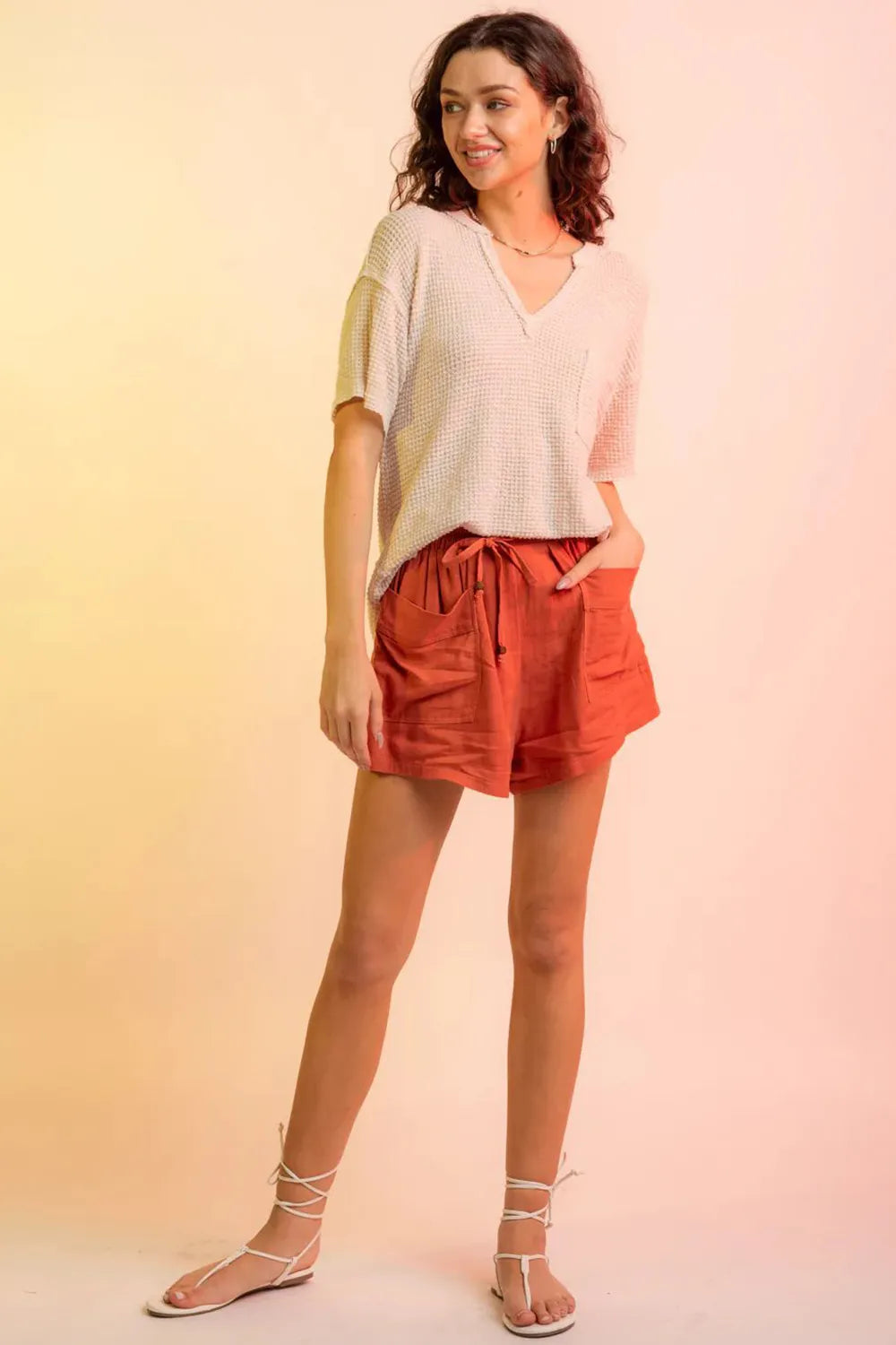 Waffle-Knit Notched Half Sleeve T-Shirt - cas7m