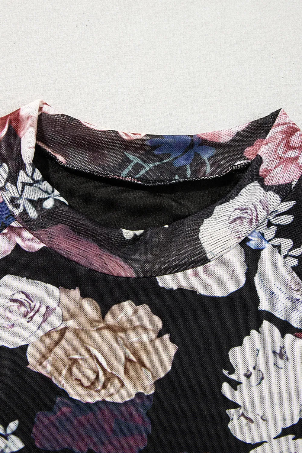 Floral Mock Neck Long Sleeve Mesh Top - cas7m