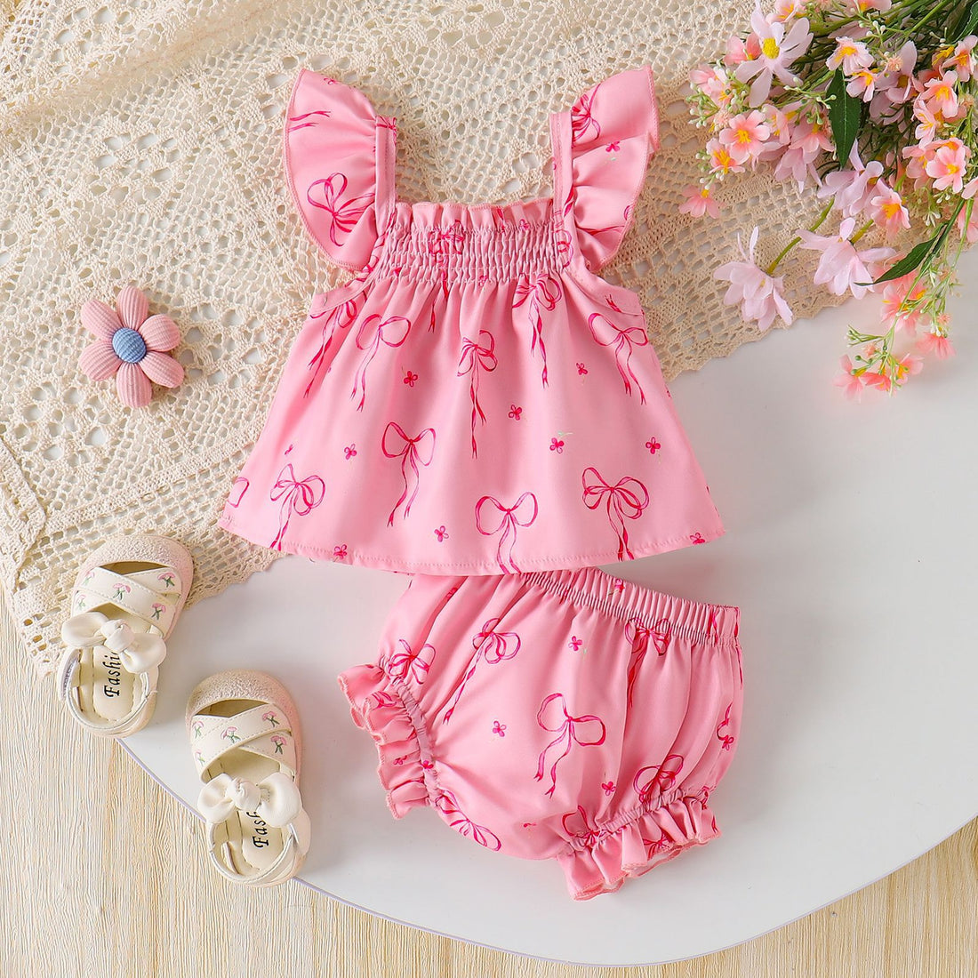 Womens Loose Set With Puffed Sleeves Bow Tie And Floral Print - cas7m