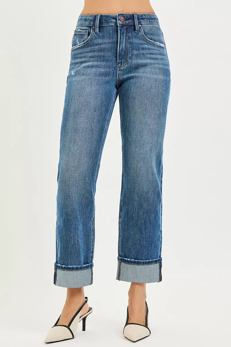 RISEN Full Size 4 Way Stretch Slouchy Straight Jeans with Cuffed Hem Plus Size - cas7m