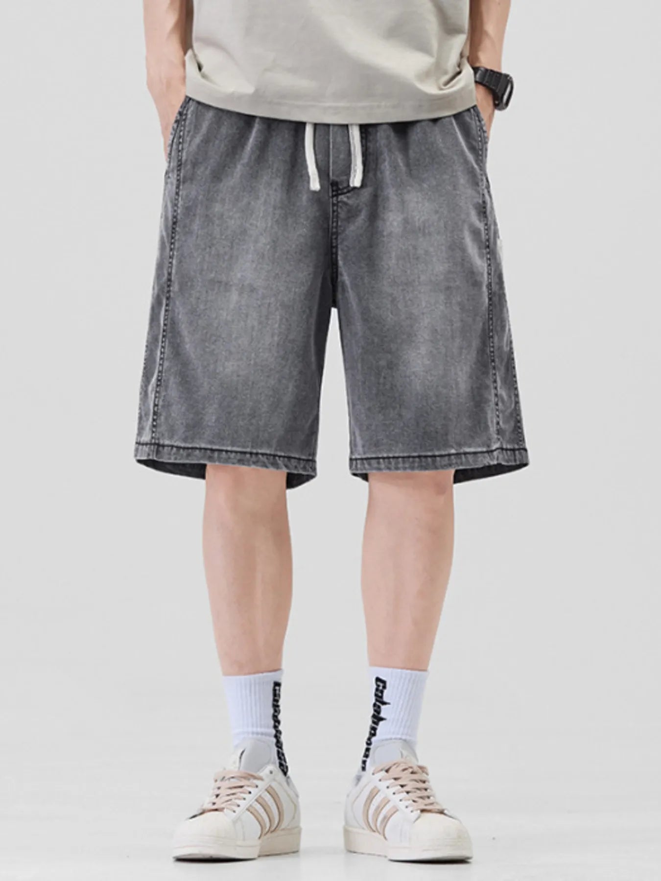 Men's Plus Size Casual Loose Fit Denim Shorts with Drawstring - cas7m