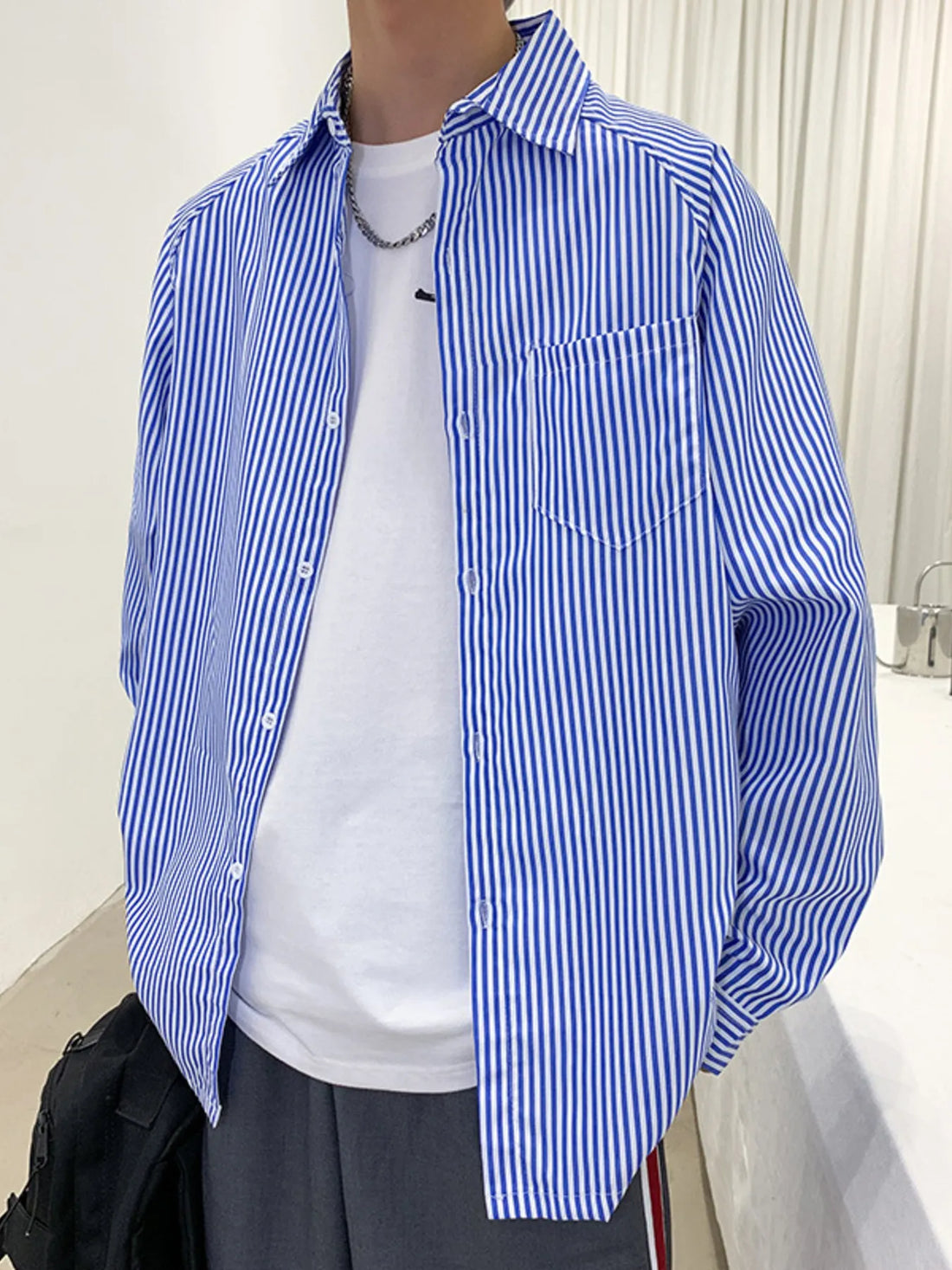 Men's Striped Long Sleeve Button-Up Shirt - cas7m