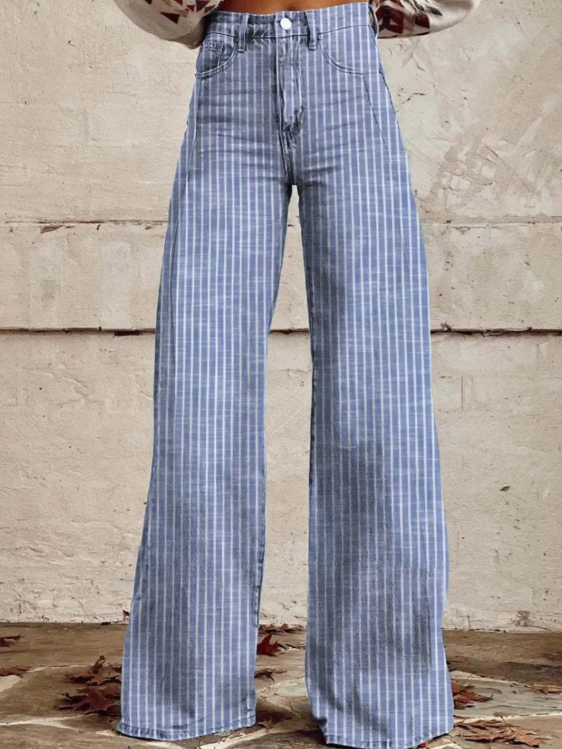 Striped High-Waisted Wide Leg Jeans - cas7m