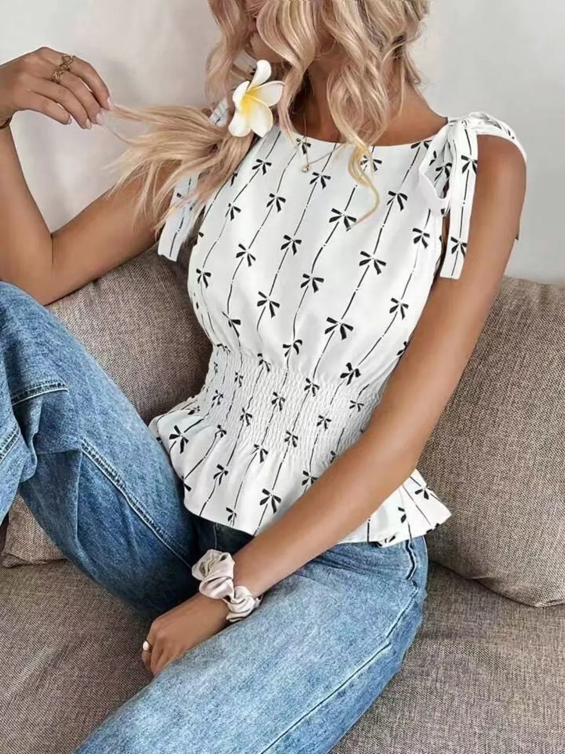Bow Print Tie Shoulder Tank - cas7m