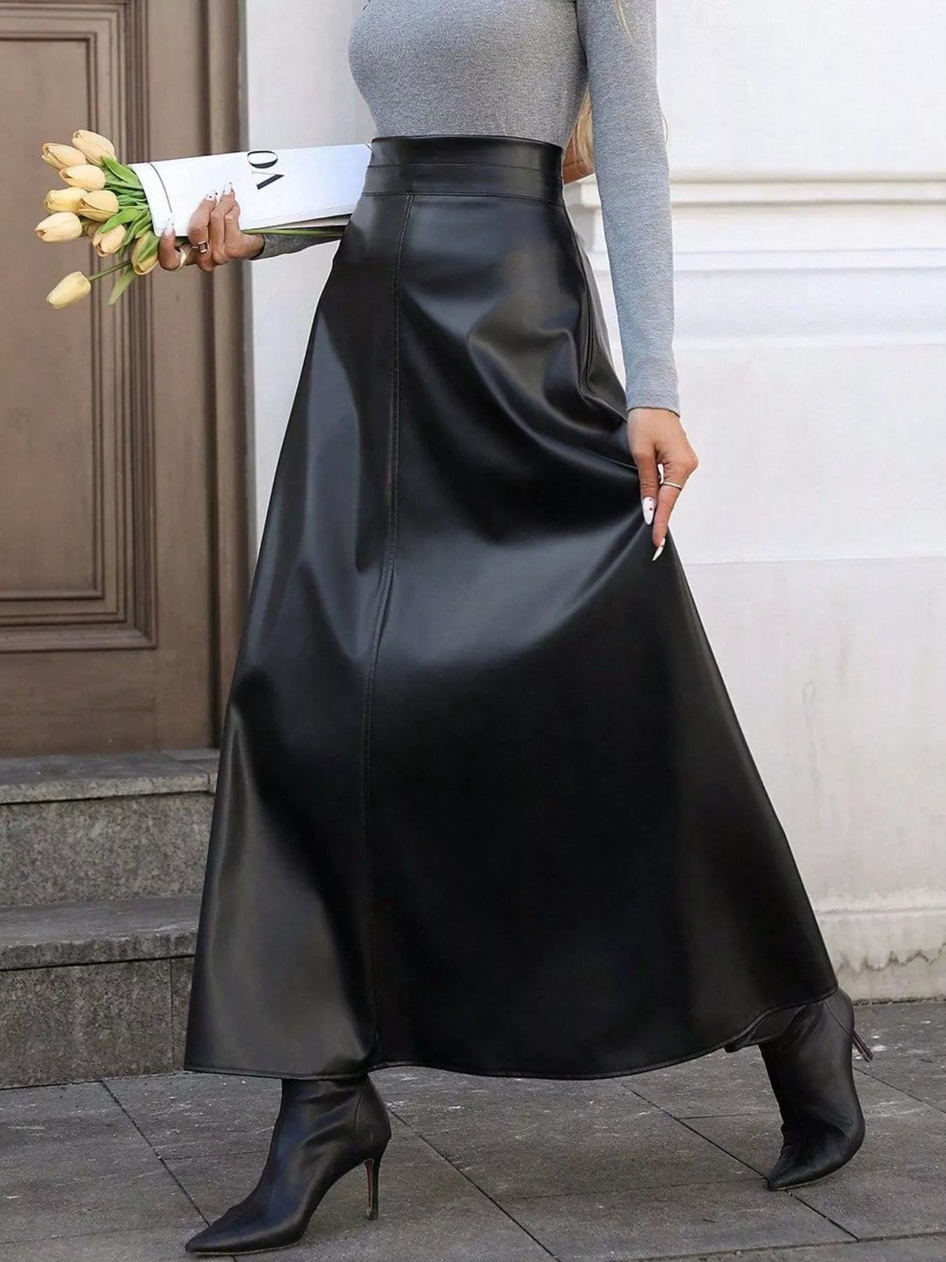 Leather A-Line Midi Skirt - cas7m