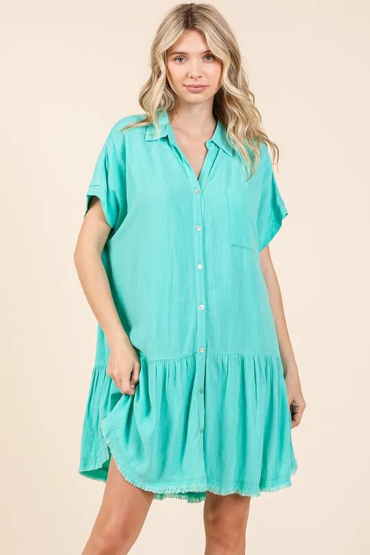 Mittoshop Linen Blend Button Down Shirt Mini Dress - cas7m