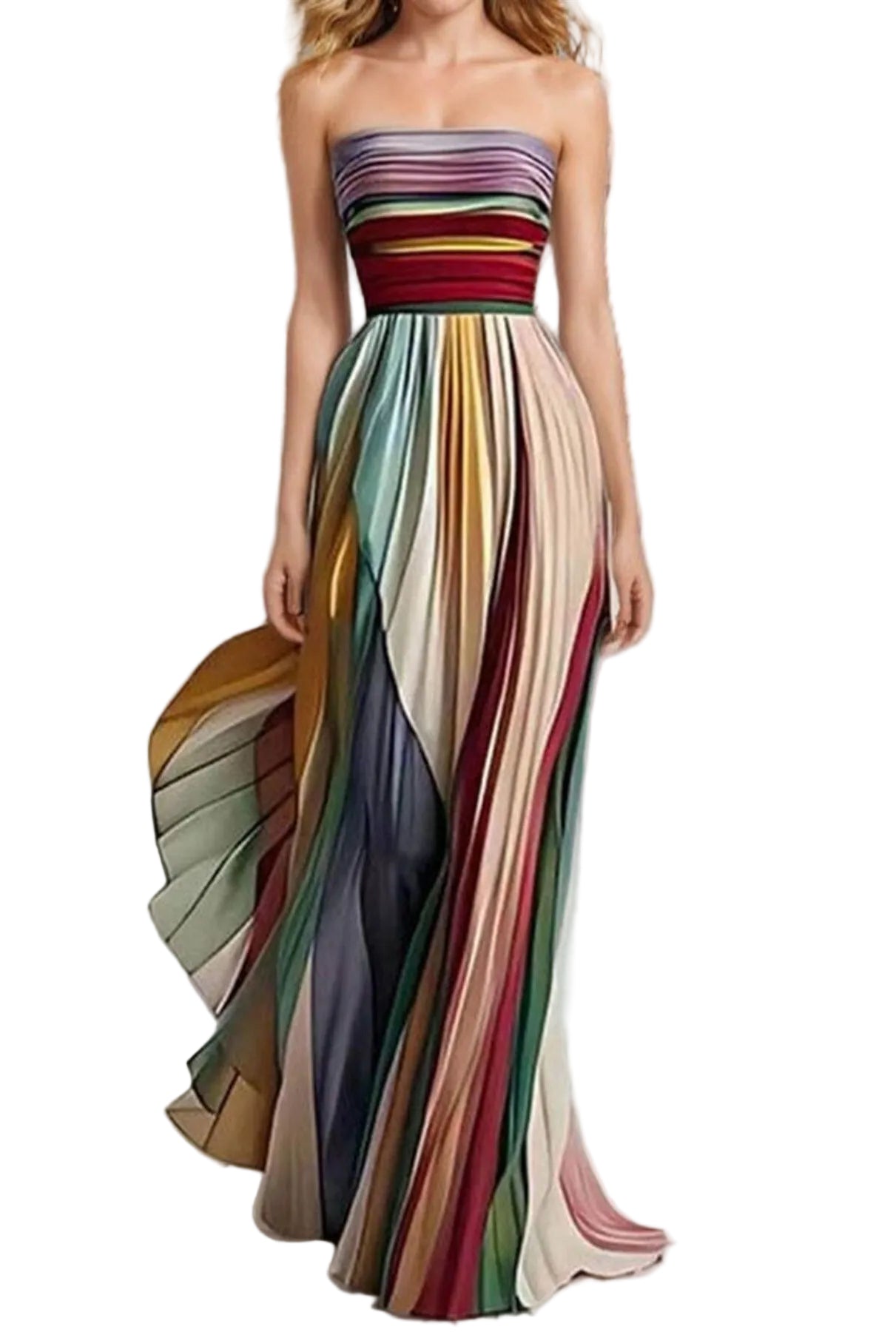 Striped Pleated Strapless Maxi Dress - cas7m