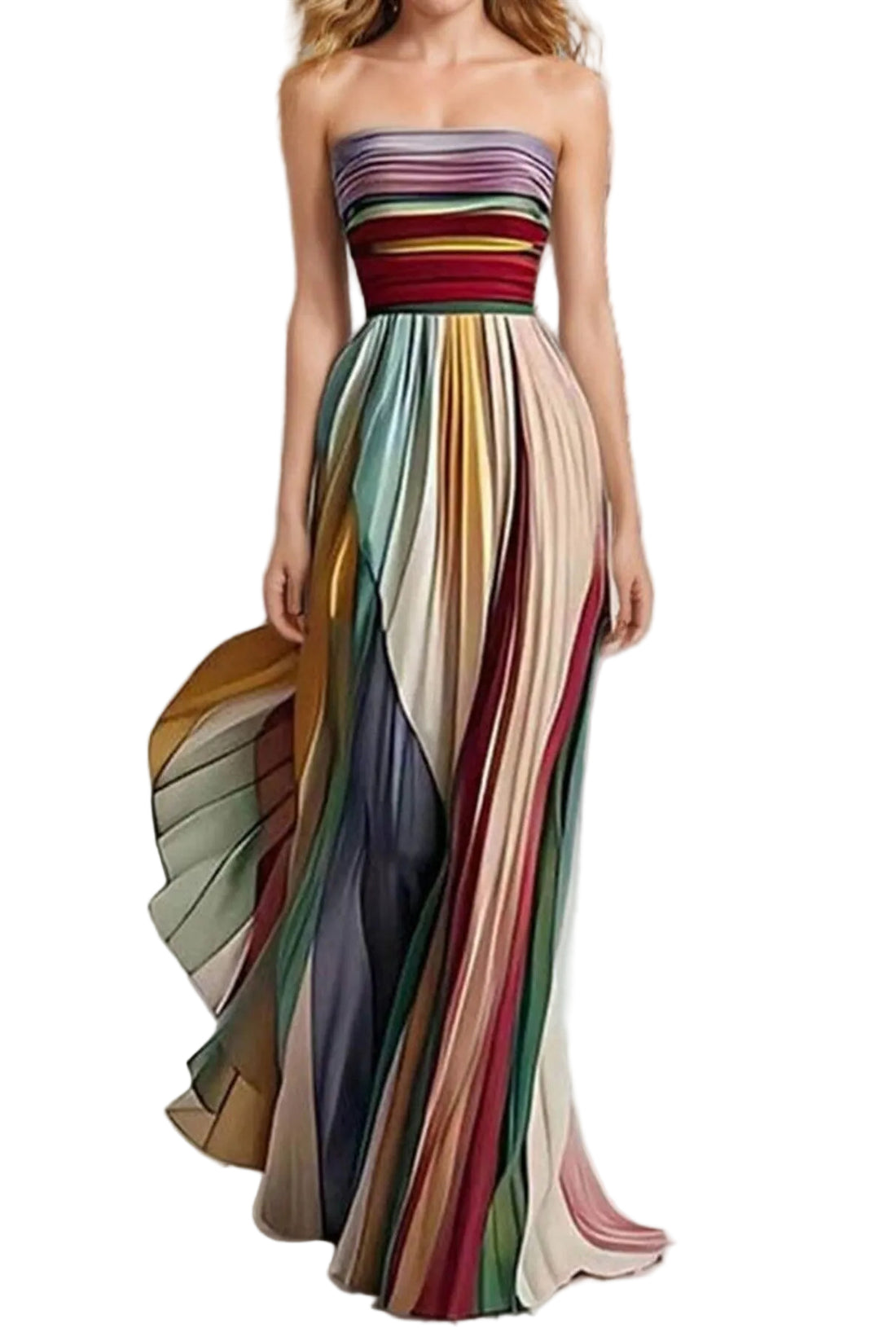 Striped Pleated Strapless Maxi Dress - cas7m