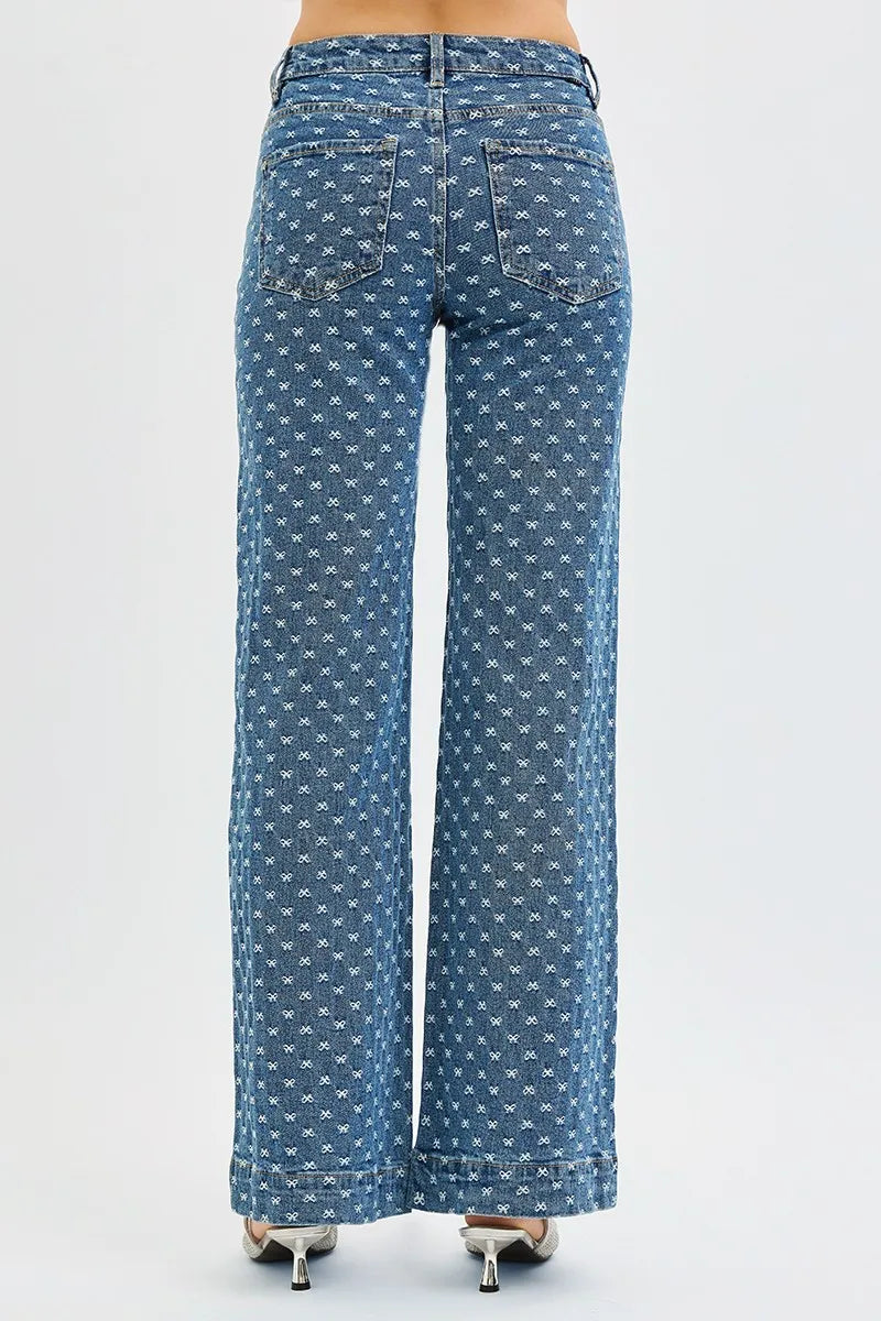RISEN High Rise Wide Leg Bow Embroidered Jeans - cas7m