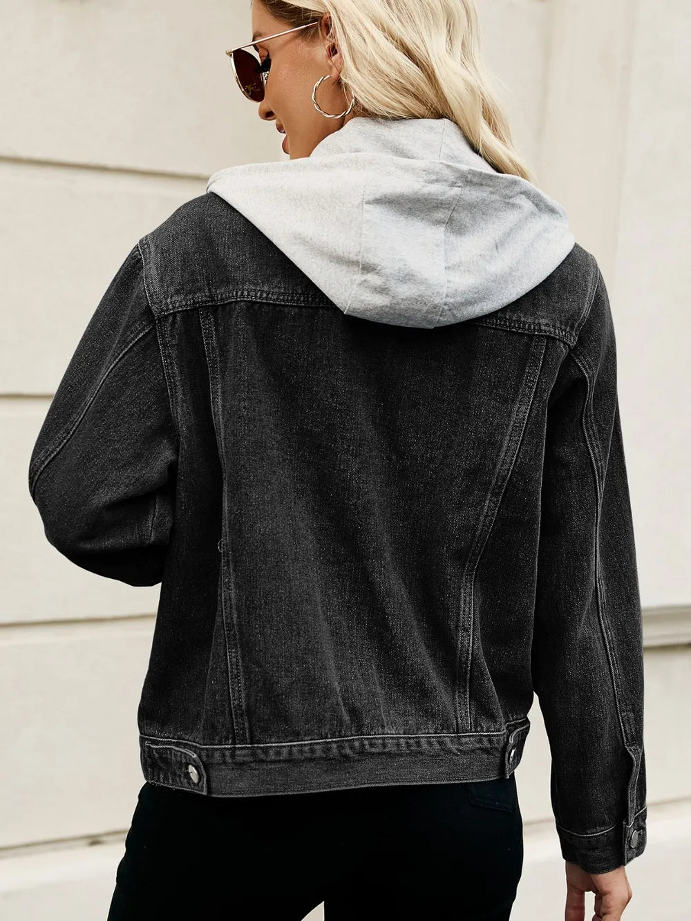 Drawstring Hooded Button Up Denim Jacket - cas7m