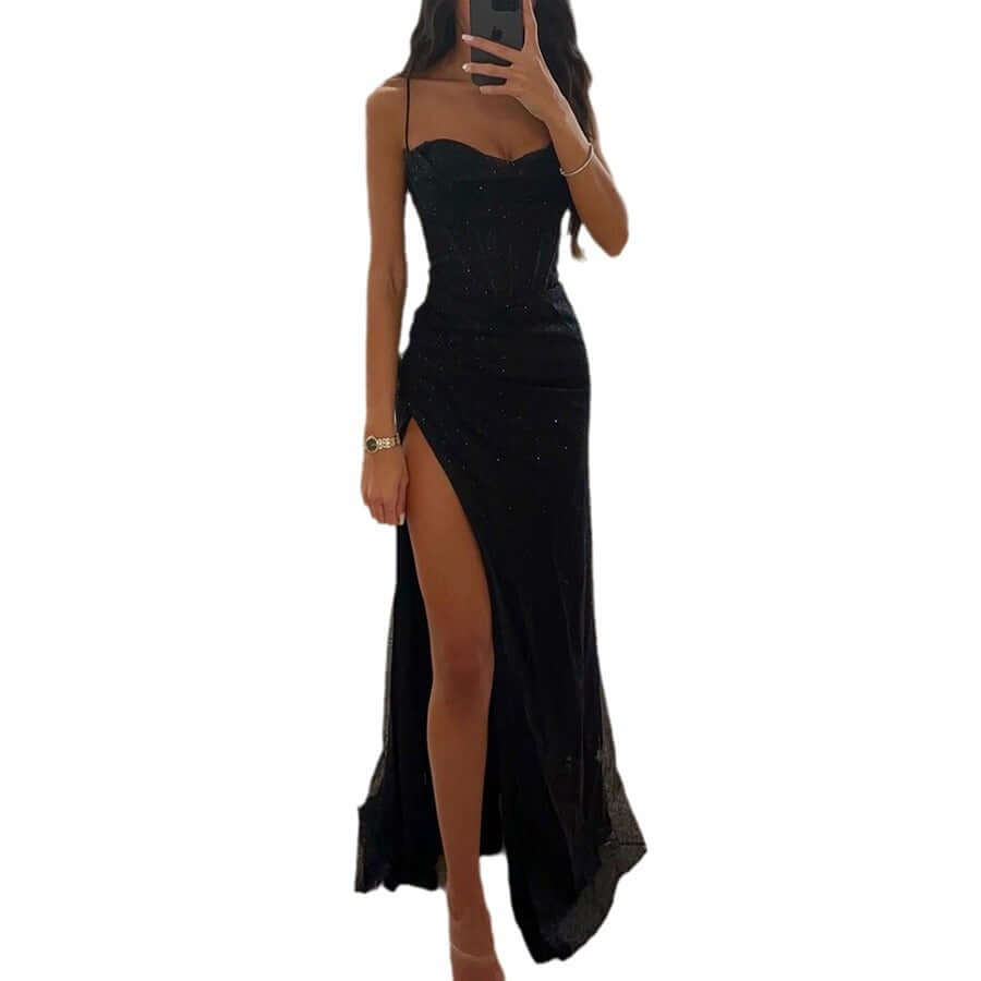 Sexy Split Suspender Dress Fashion Evening Party Slim V-neck Long Dresses Summer Clothing For Women - cas7m