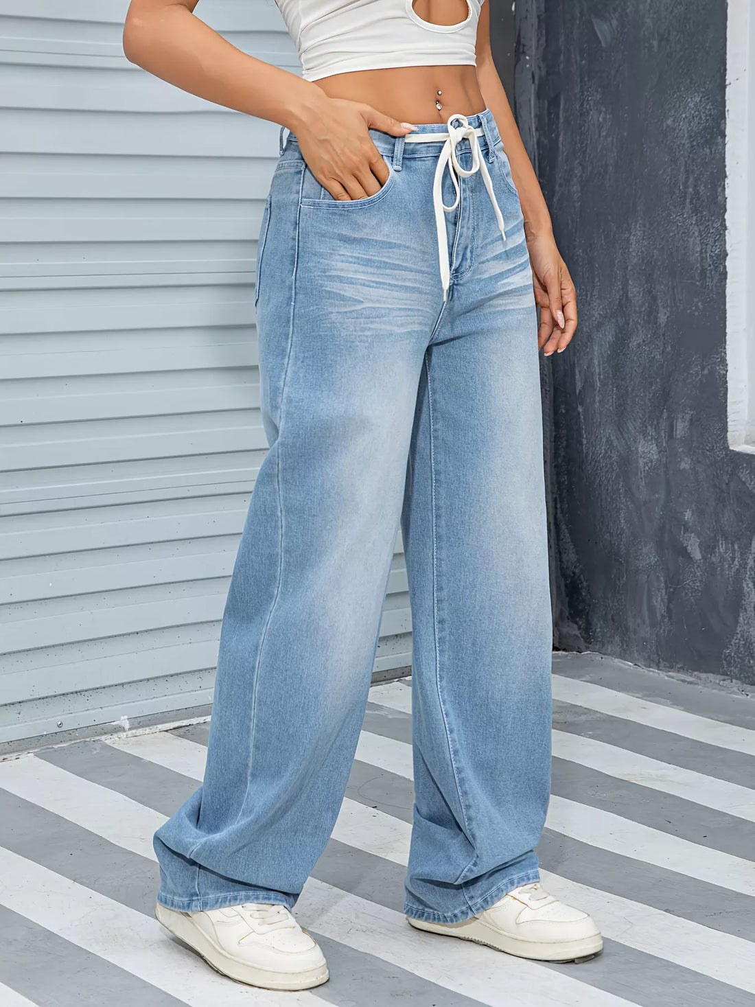 Wide Leg Washed Jeans - cas7m