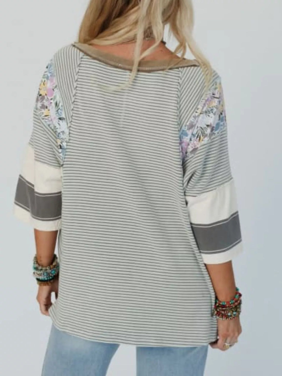 Striped Floral Long Sleeve T-Shirt - cas7m