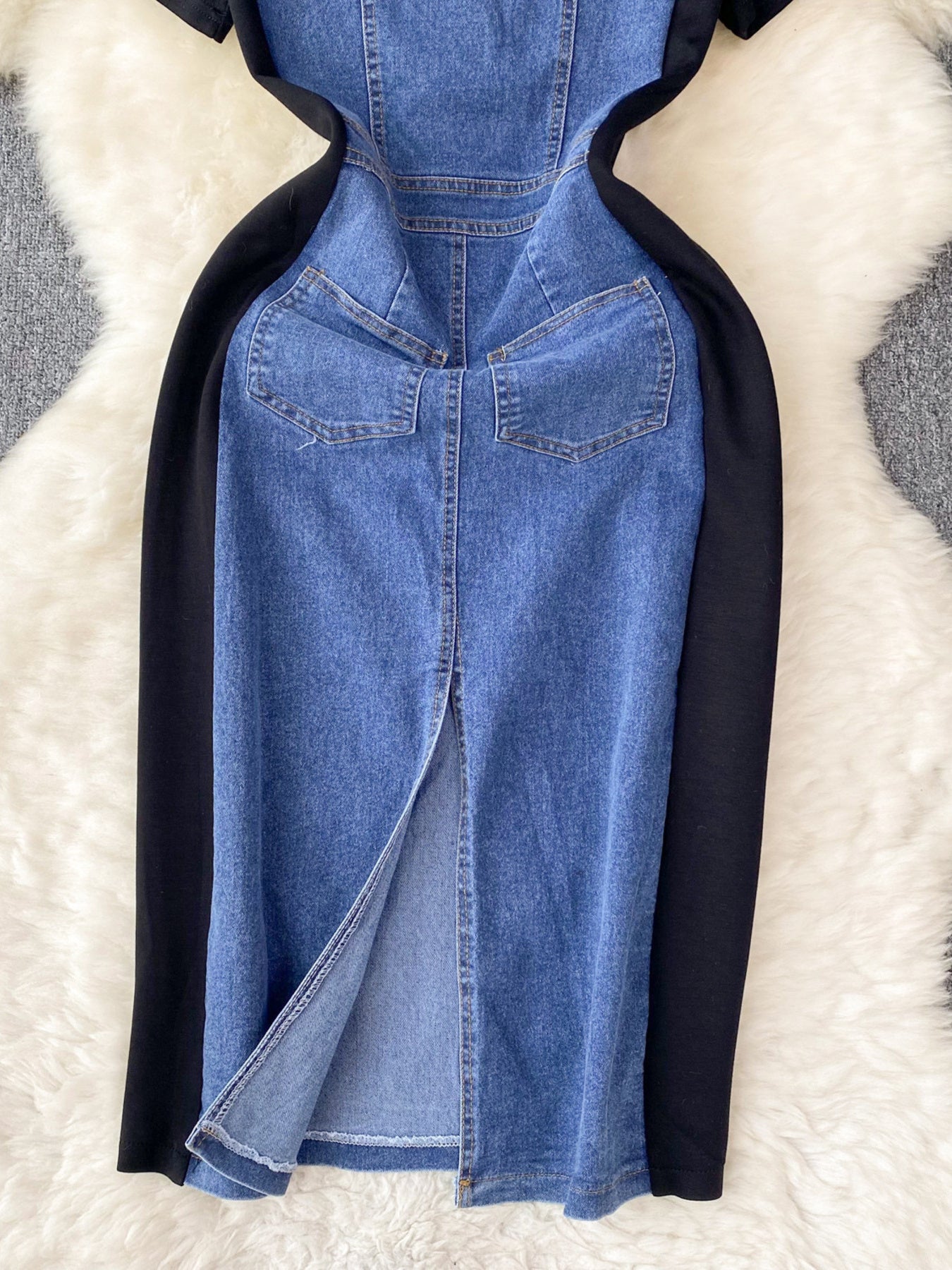 Full Size Denim Patchwork Short Sleeve Slit Back Dress Plus Size - cas7m
