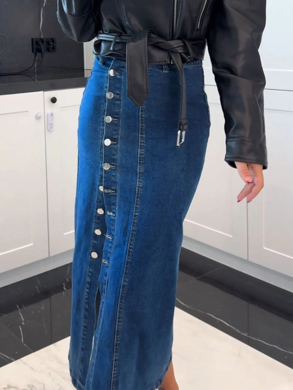 Front Button Slit Midi Denim Skirt - cas7m
