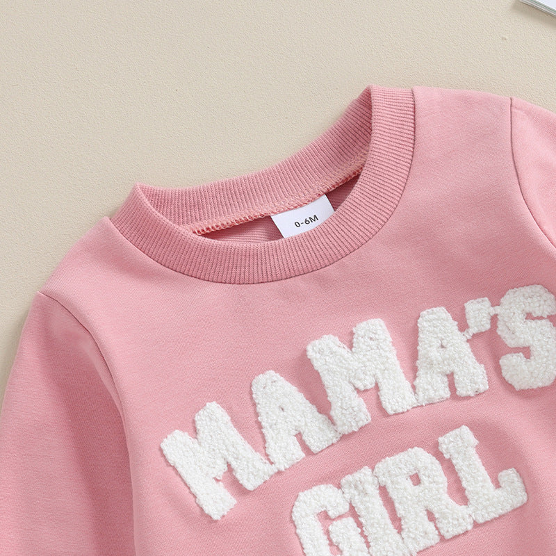 Baby Girl Solid Color Letters Embroidered Sweater Long Sleeve Trousers Suit - cas7m