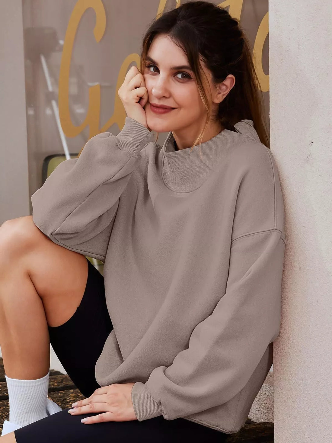 Mock Neck Dropped Shoulder Sweatshirt - cas7m