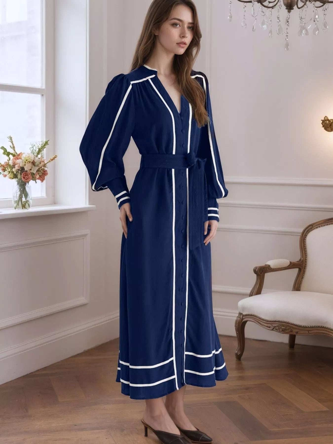 Notched Lantern Sleeve Dress - cas7m