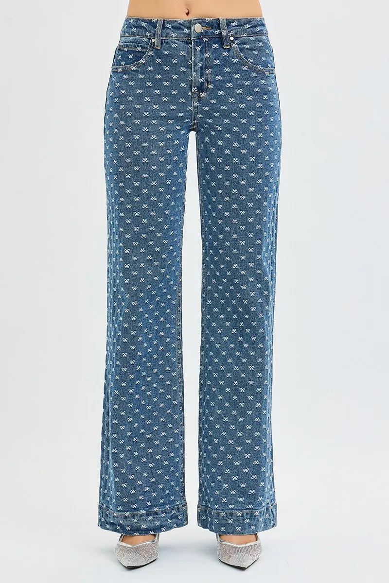 RISEN High Rise Wide Leg Bow Embroidered Jeans - cas7m