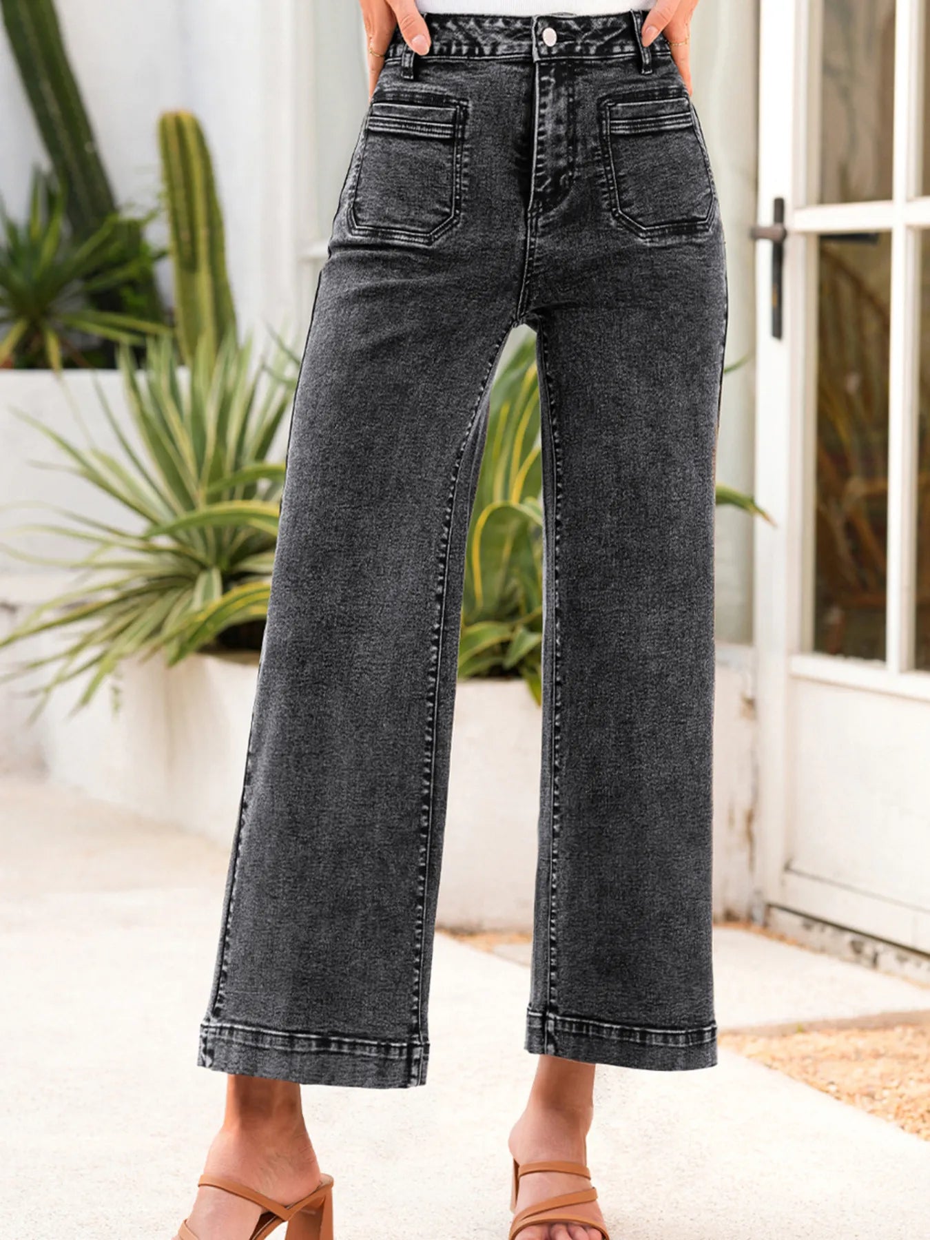 High-Waisted Wide Leg Washed Jeans - cas7m