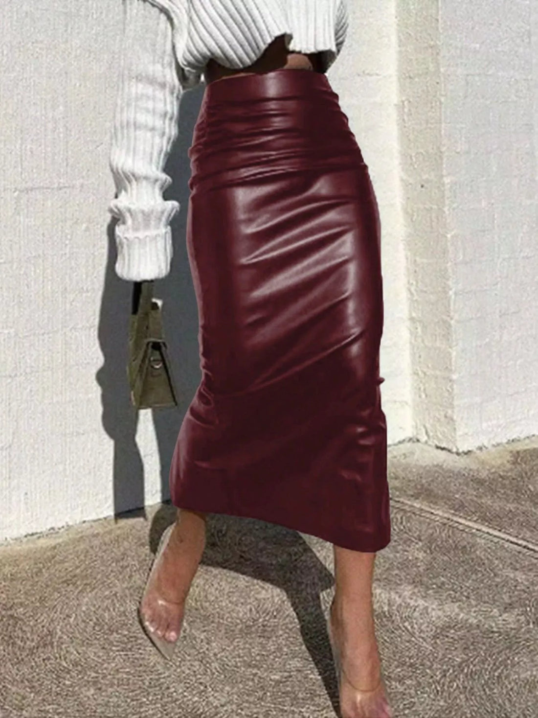 Slit Back Leather Skirt - cas7m