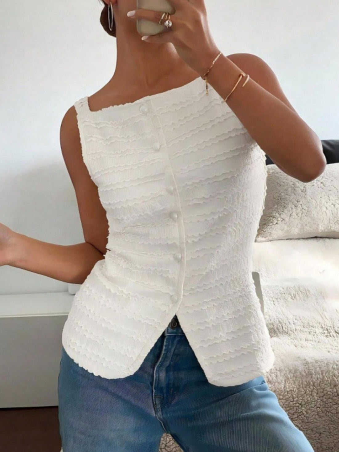 Textured Button-Front Tank - cas7m