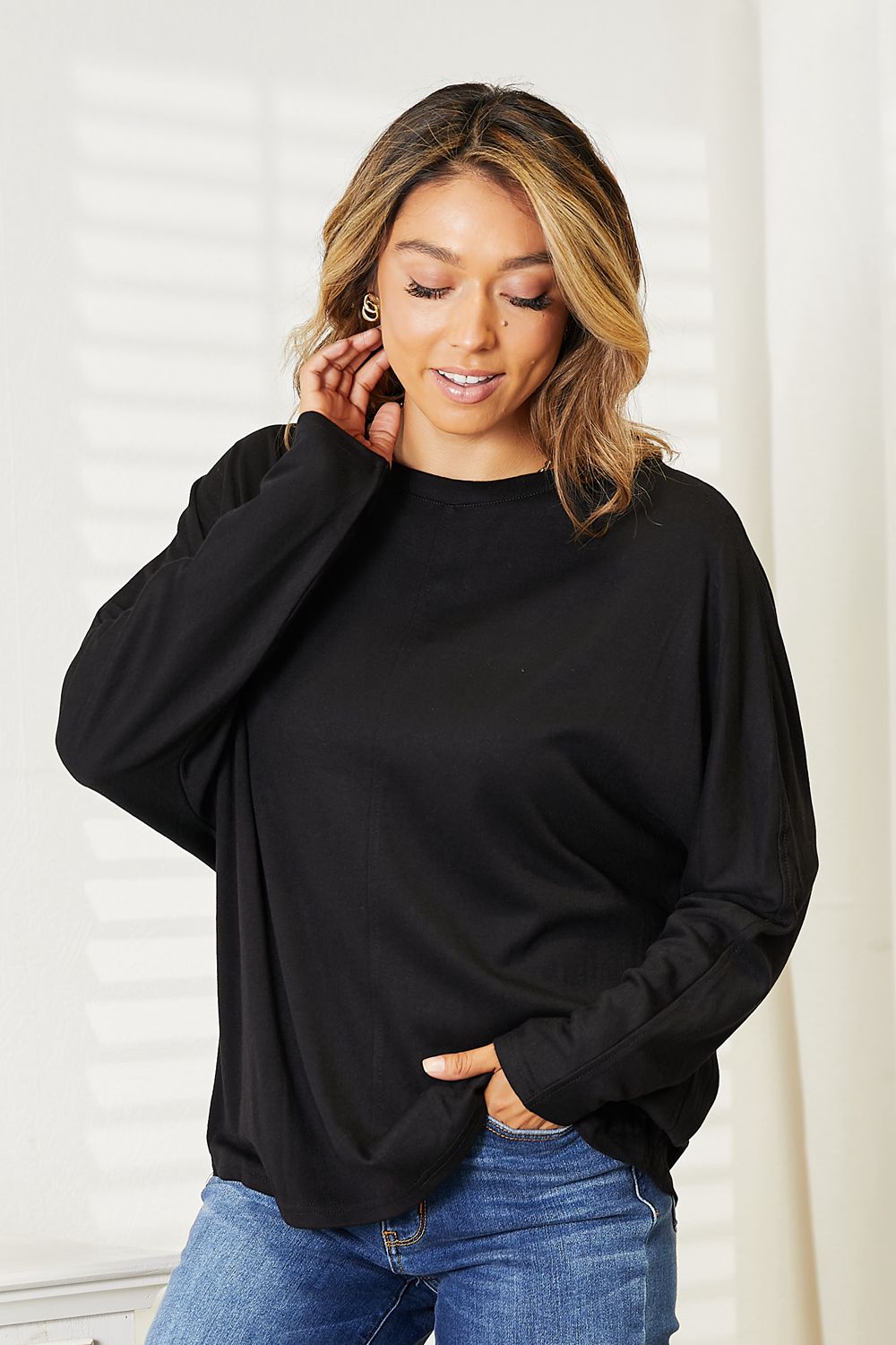 Double Take Seam Detail Round Neck Long Sleeve Top - cas7m