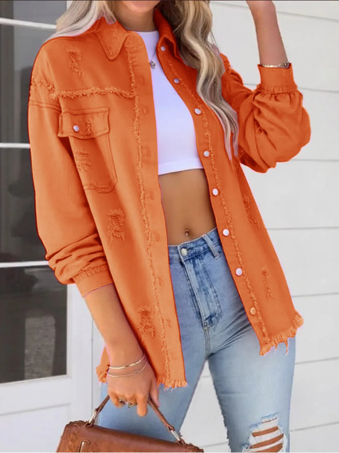 Distressed Denim Jacket with Frayed Edges - cas7m