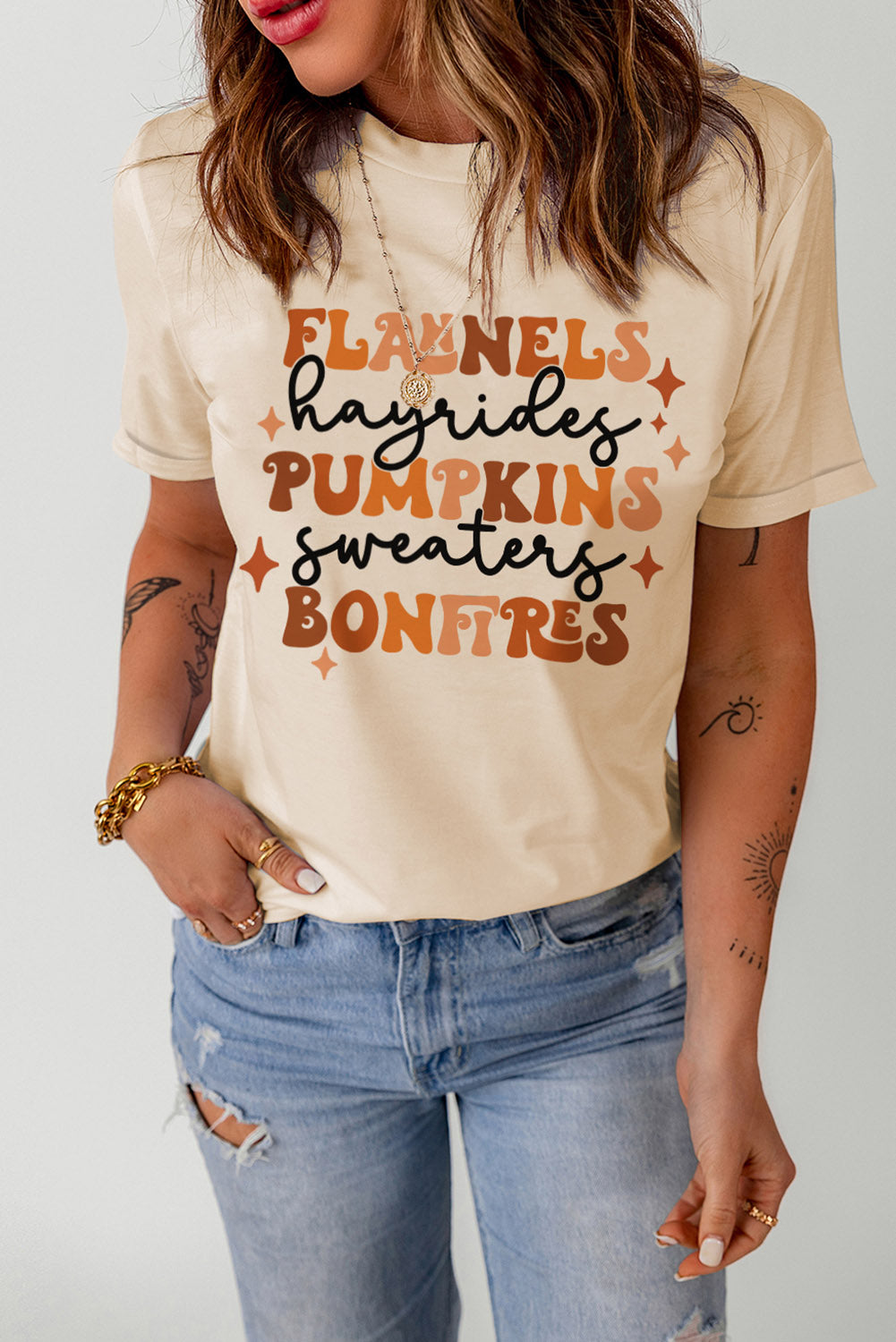 Letter Graphic Round Neck T-Shirt - cas7m