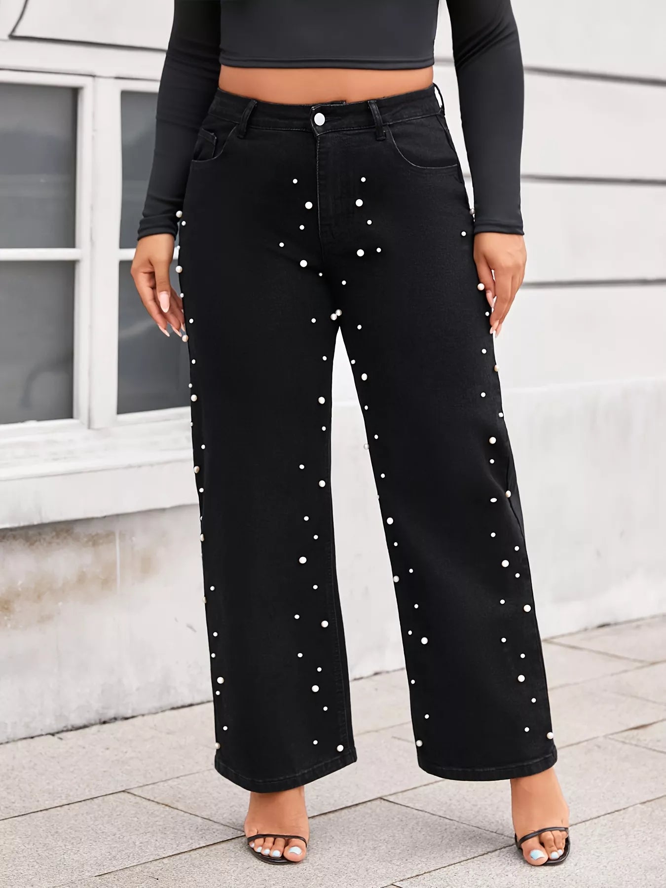 Plus Size Pearl Embellished Wide Leg Jeans - cas7m