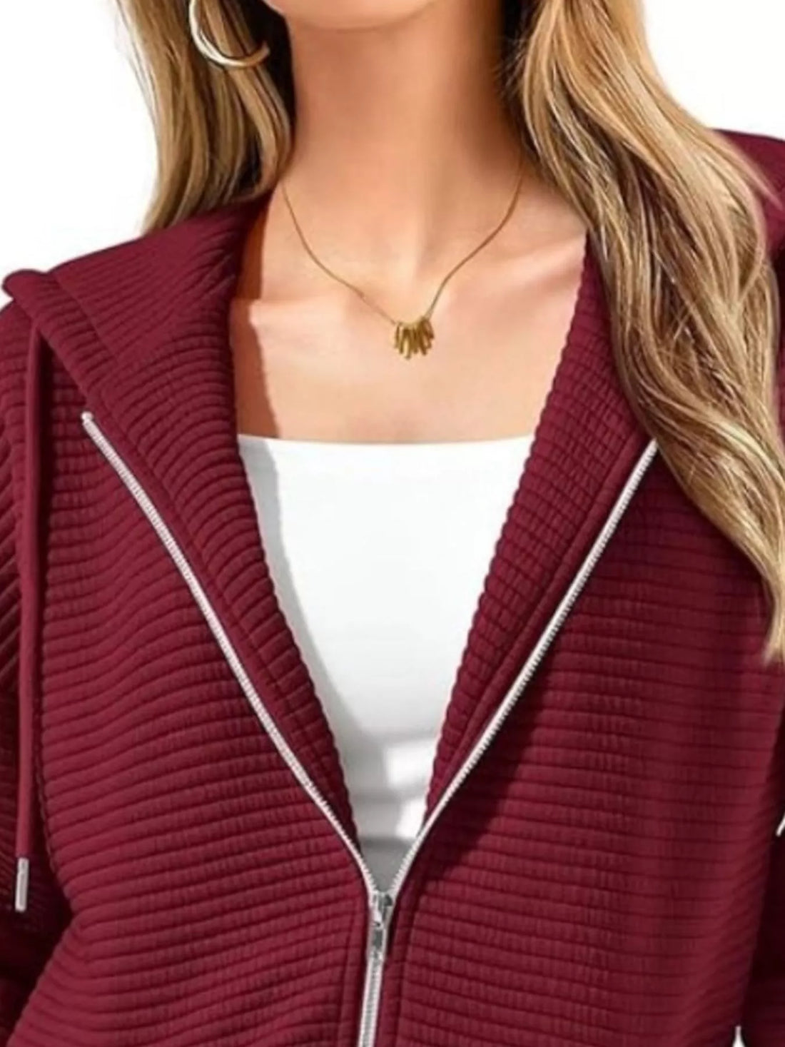Drawstring Zip Up Dropped Shoulder Hoodie - cas7m