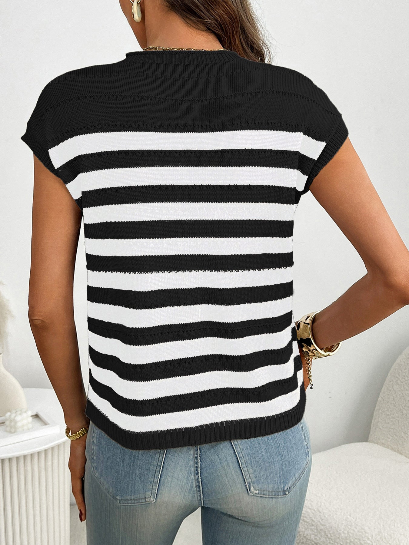 Striped Knit Pocket Detail Cap Sleeve Sweater - cas7m
