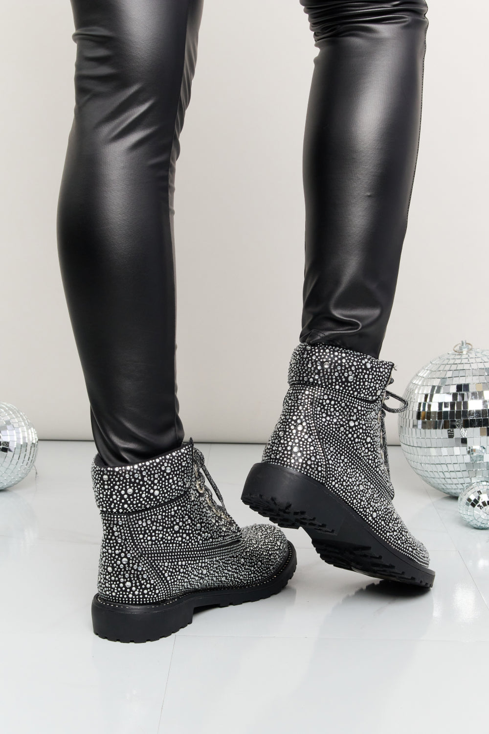 Forever Link Rhinestone Lace-Up Combat Boots - cas7m