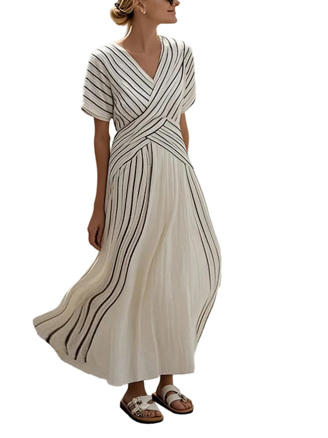 Women's Loose Fit Striped Printing Dress - Casual Cotton Blend Summer Midi Dress For Daily Wear Holiday Outfit - cas7m
