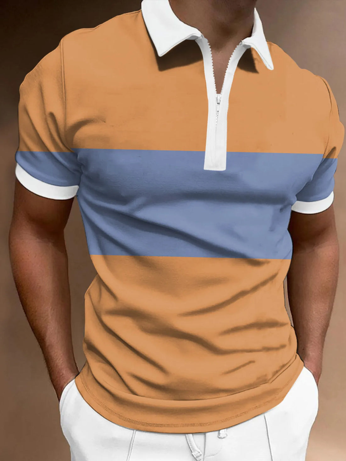 Men's Full Size Color Block Zipper Polo Shirt Plus Size - cas7m