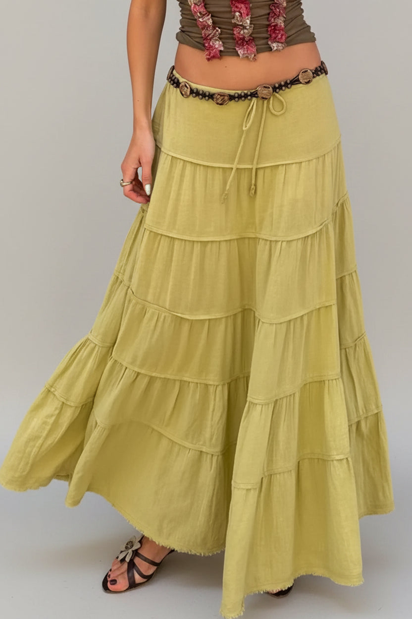 Bohemian Tiered Maxi Skirt with Drawstring Waist - cas7m